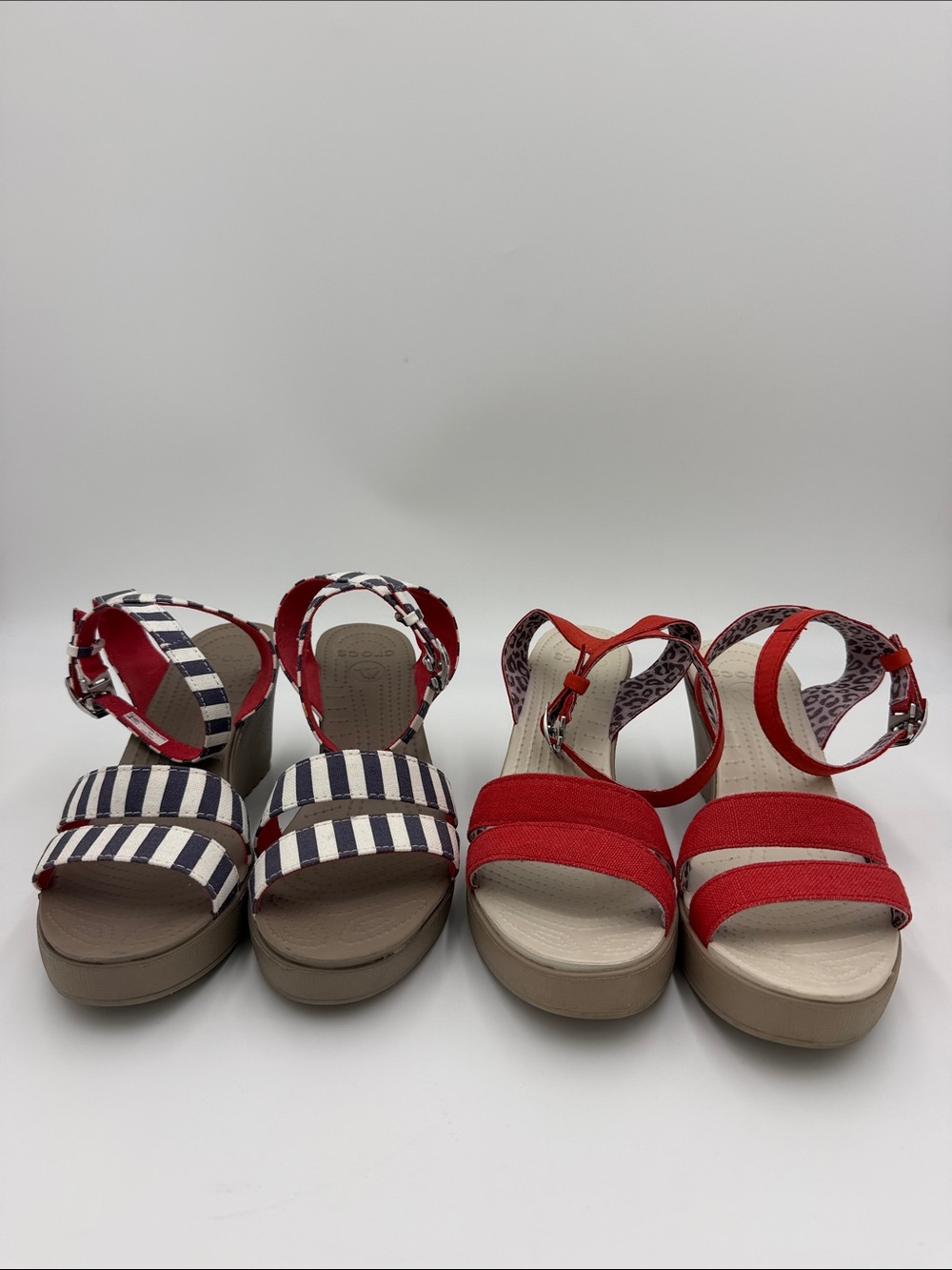 CROCS Women's Red and Navy Striped Platform Sandals